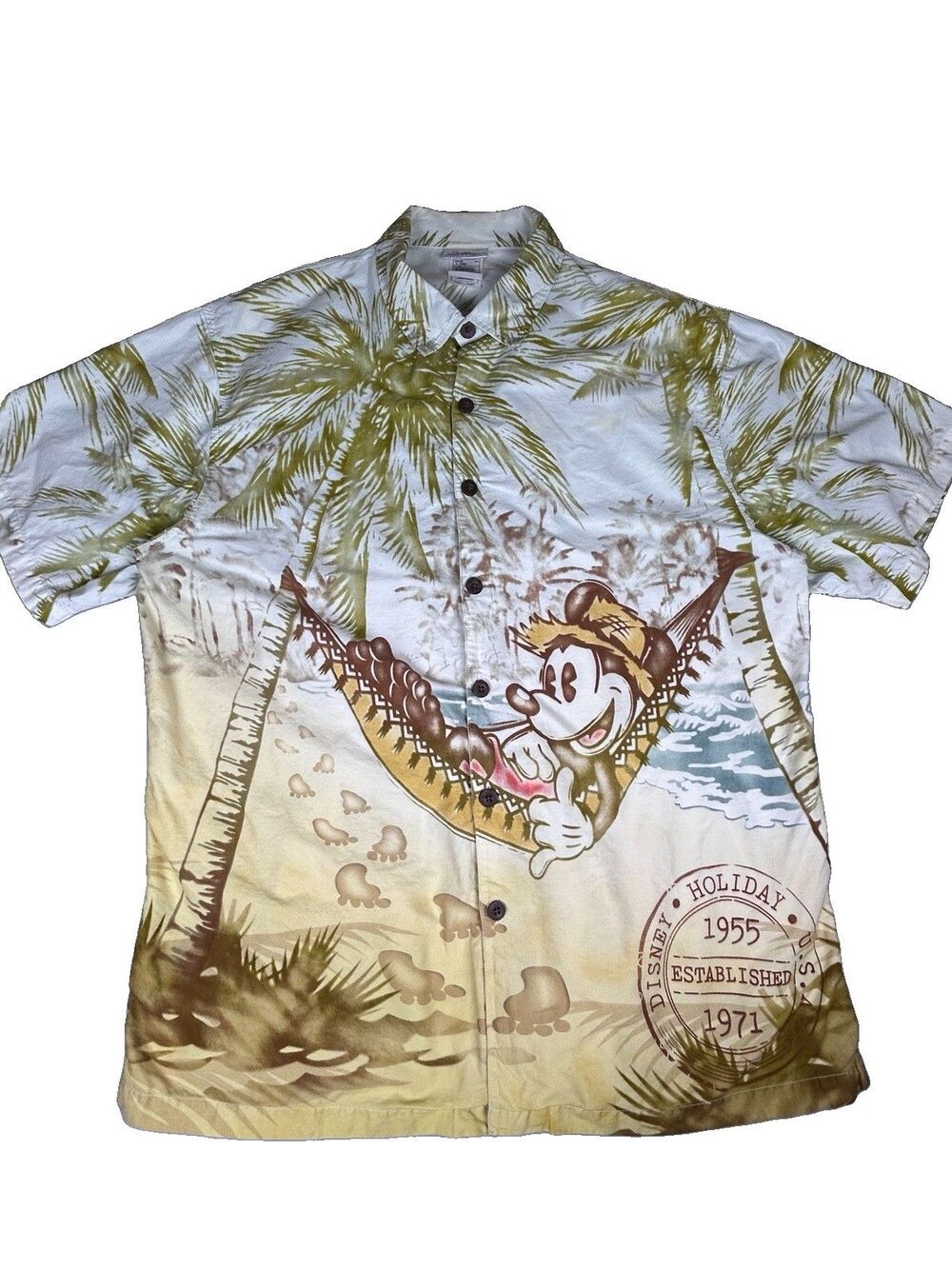Disney Hawaiian Holiday Aloha Shirt Mickey Mouse Beach Hammock Cotton Adult L